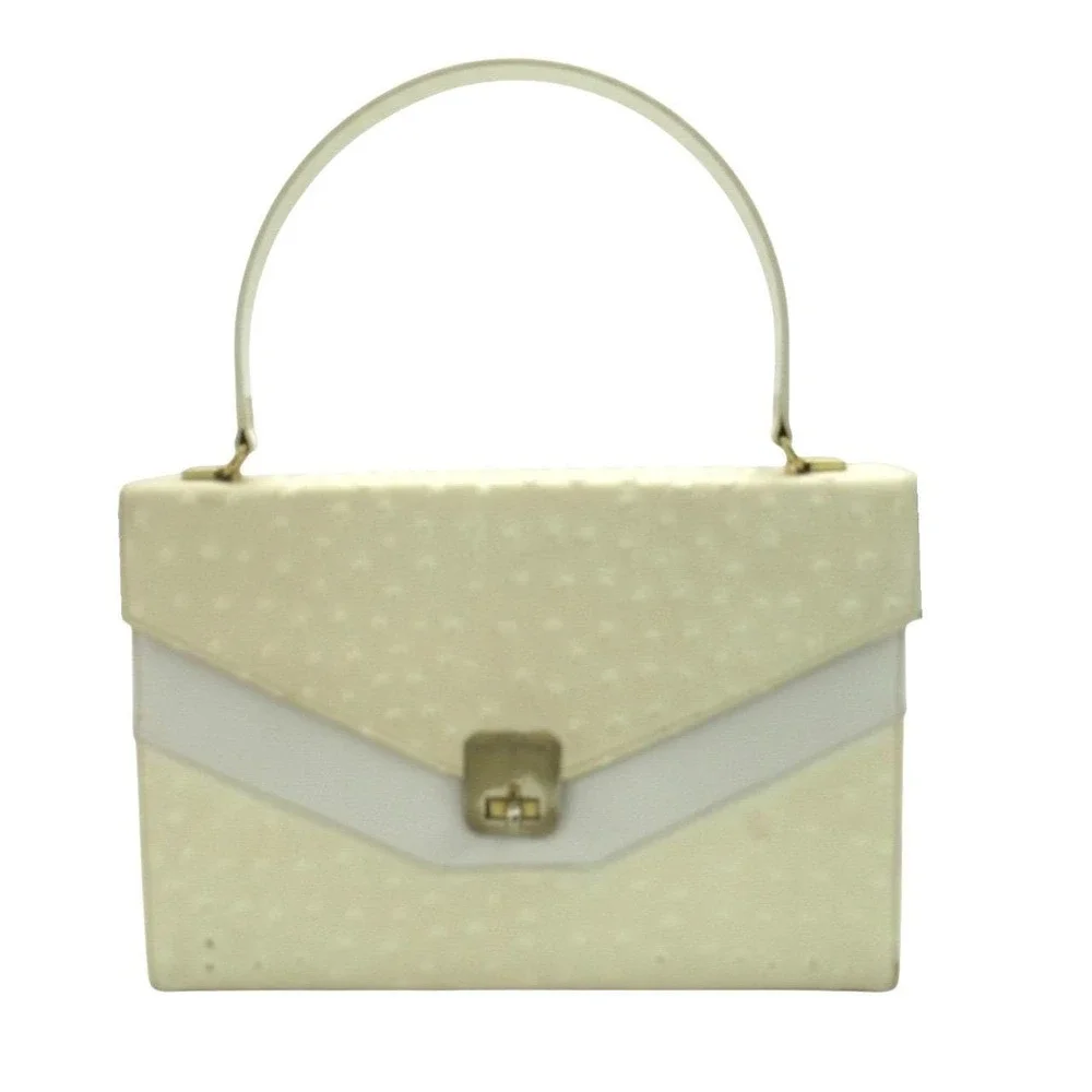 Vtg TOWN & COUNTRY Off-White Faux Leather Ostrich Print Top Handle Box PURSE/Bag